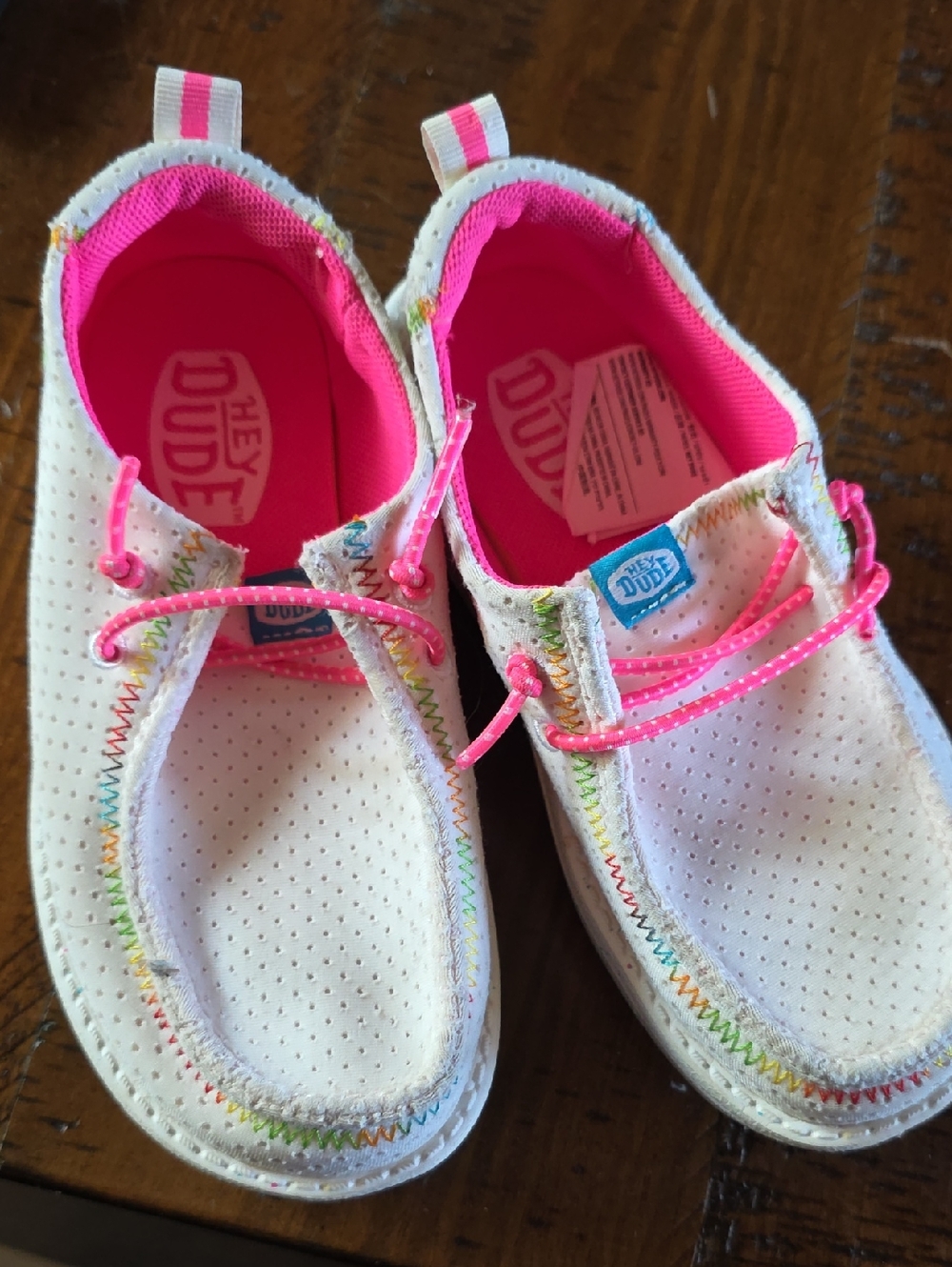 Hey Dude Kids White Slip-On Sneakers with Bright Pink Accents